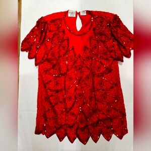 Vintage Cervelle 1980s Super Rad Sequin Red Scalloped Hem Nite Line Blouse Sz S